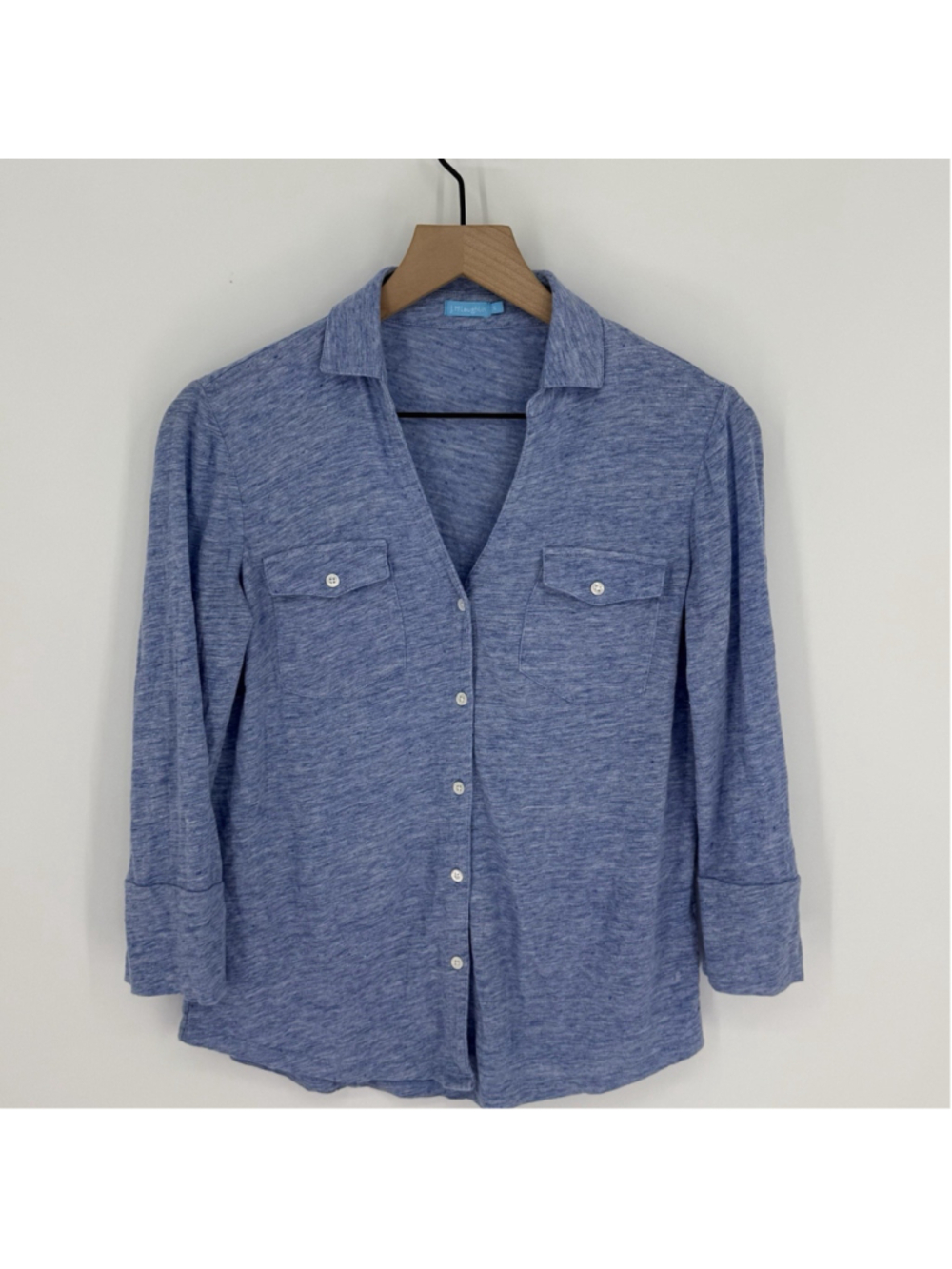 J. McLaughlin blue heathered linen-blend 3/4 Sleeve shirt Women’s Small